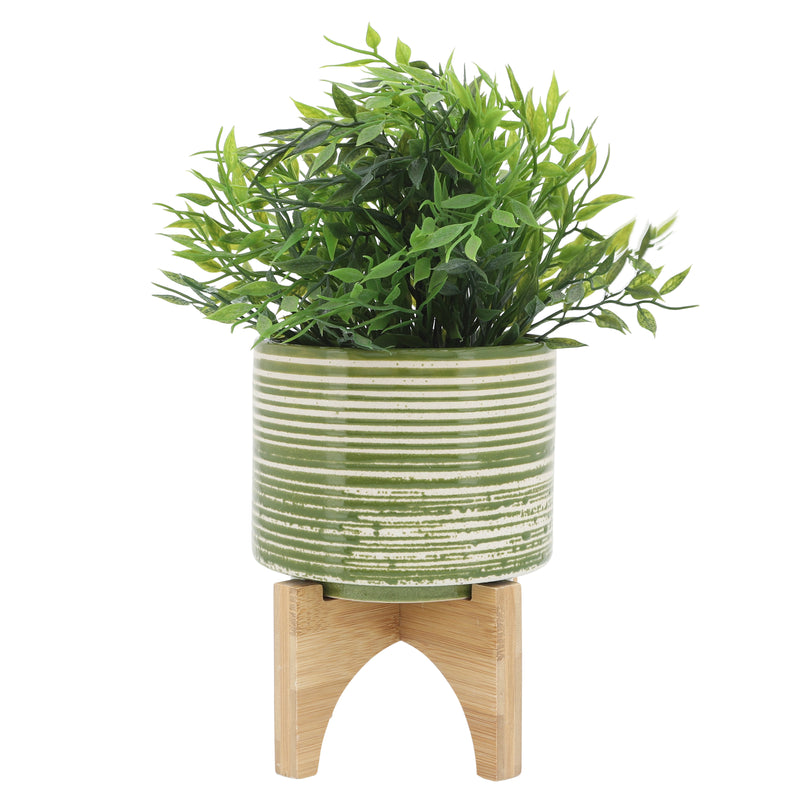 CERAMIC 5"  PLANTER ON WOODEN STAND, OLIVE