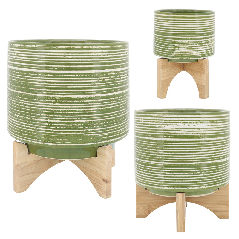 CERAMIC 5"  PLANTER ON WOODEN STAND, OLIVE