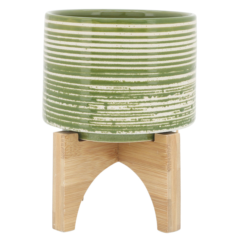 CERAMIC 5"  PLANTER ON WOODEN STAND, OLIVE