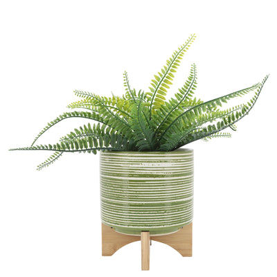 CERAMIC 8"  PLANTER ON WOODEN STAND, OLIVE