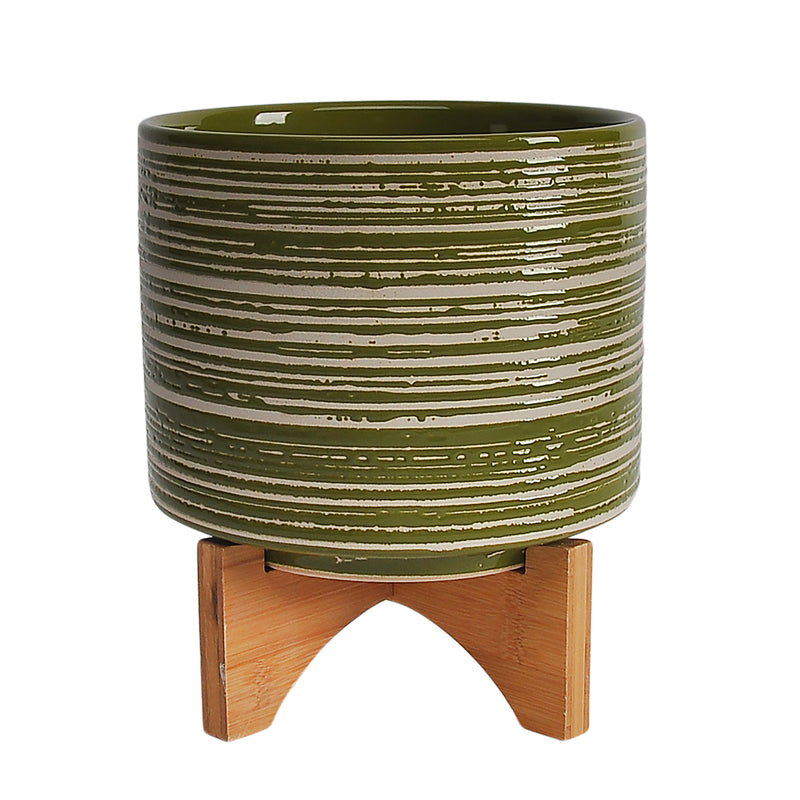 CERAMIC 8"  PLANTER ON WOODEN STAND, OLIVE