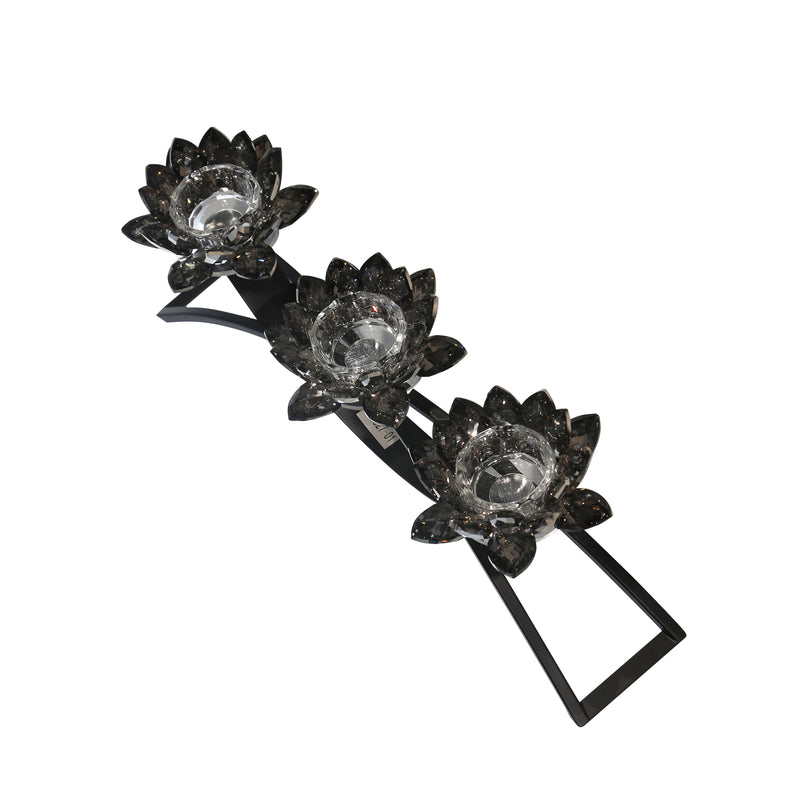 METAL/GLASS 16" 3 LOTUS VOTIVECANDLE HOLDER, BLACK