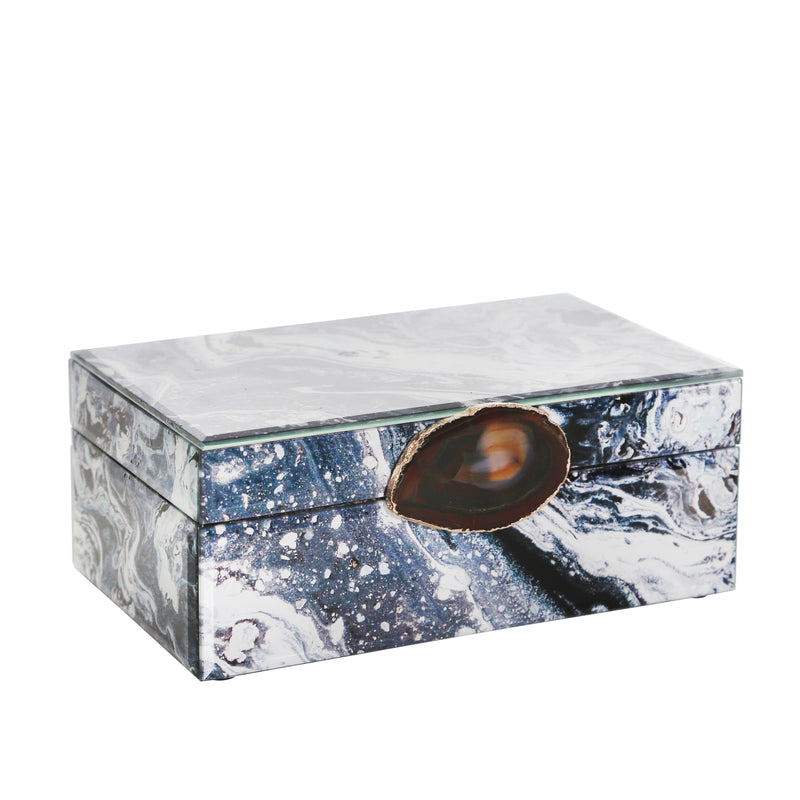 WOOD / GLASS 9X5" MARBLE DESIGN JEWELRY BOX, MULTI