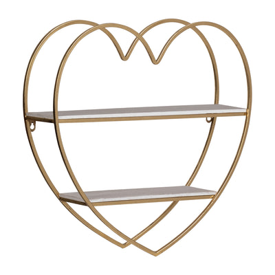 METAL/WOOD 2 TIER HEART WALL SHELF, WHITE/GOLD