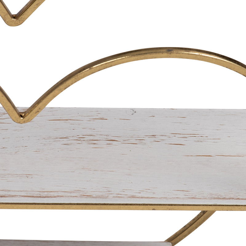 METAL/WOOD 2 TIER HEART WALL SHELF, WHITE/GOLD