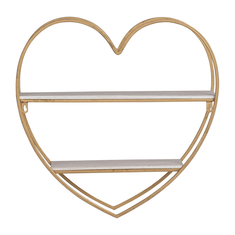 METAL/WOOD 2 TIER HEART WALL SHELF, WHITE/GOLD