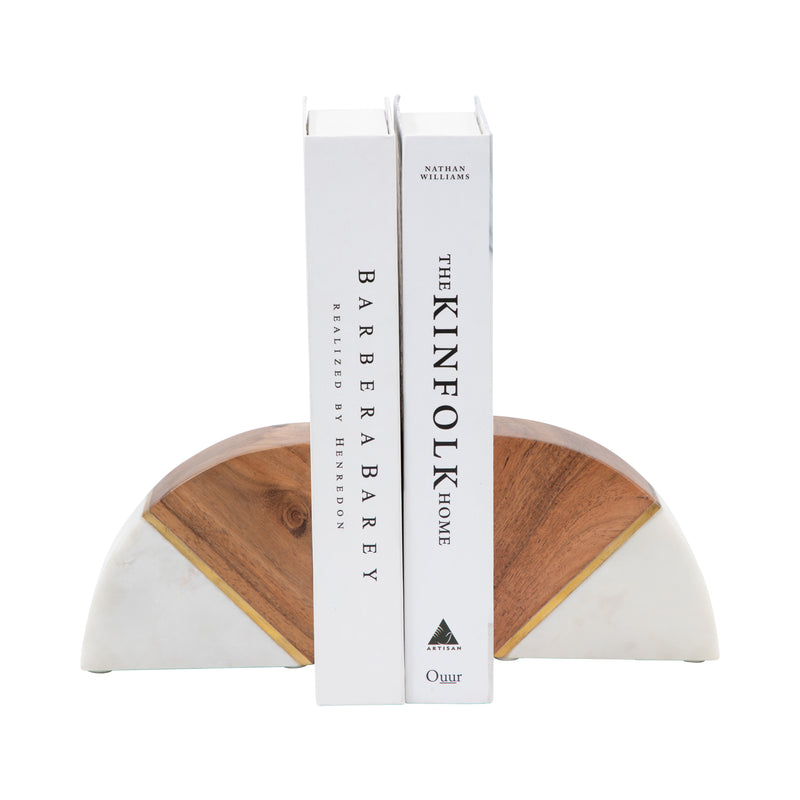 Marble, S/2 5" Bookends W/ Wood And Brass Detail,