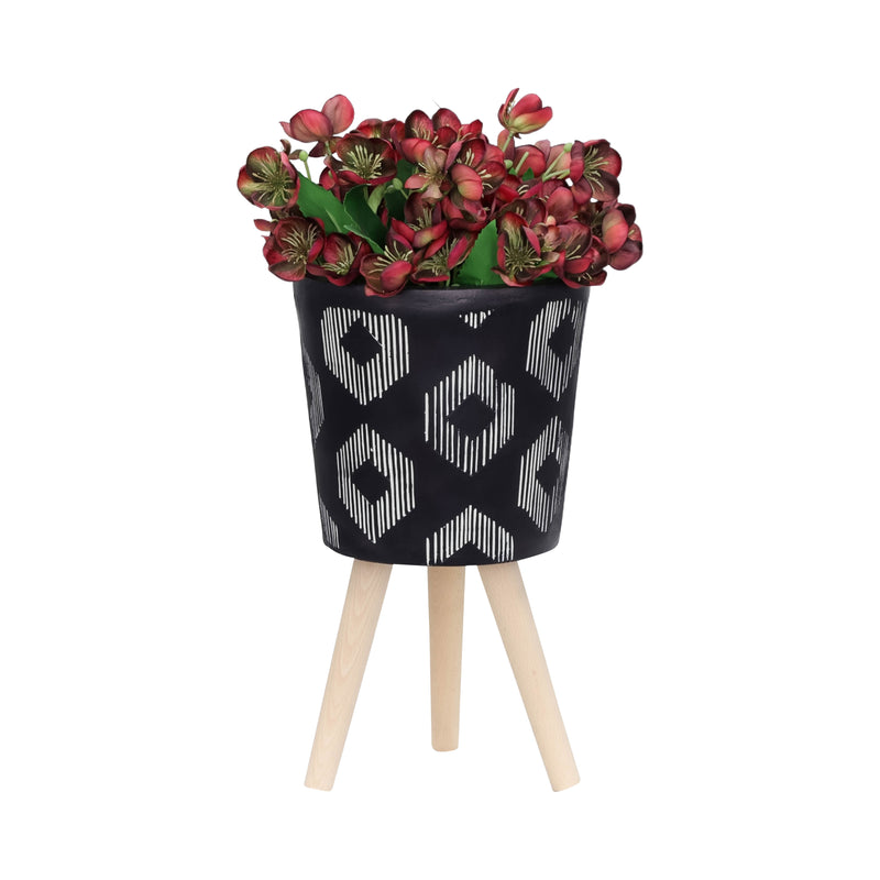 S/2 10/12" Diamond Planter W/ Wood Legs, Black Kd