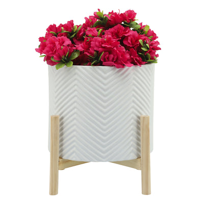 12" CERAMIC CHEVRON PLANTER W/ WOOD STAND, WHITE