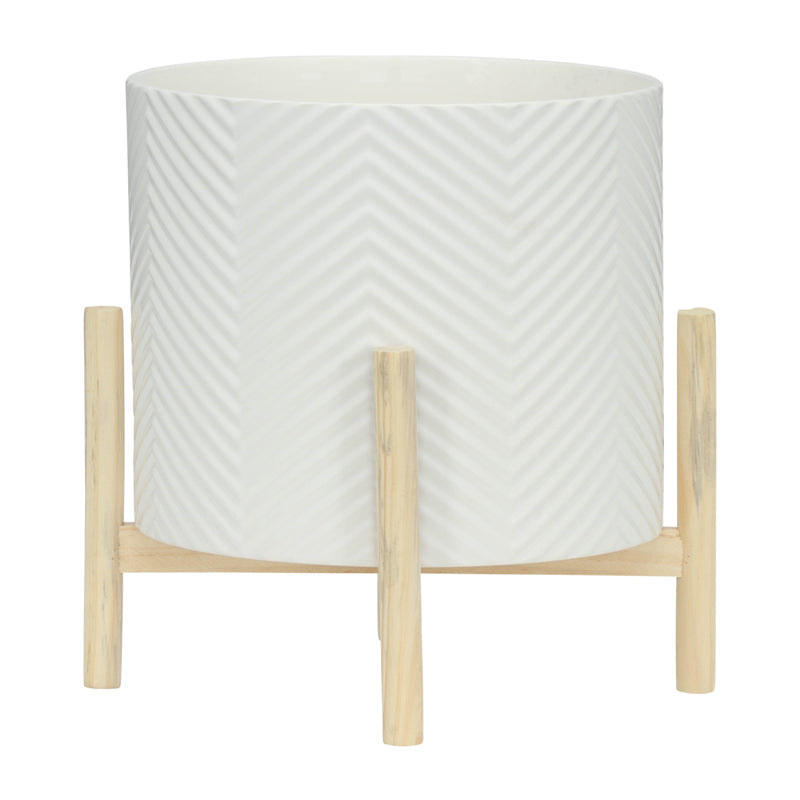 12" CERAMIC CHEVRON PLANTER W/ WOOD STAND, WHITE