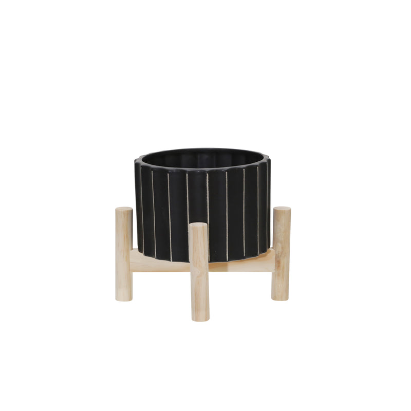 6" CERAMIC FLUTED PLANTER W/ WOOD STAND, BLACK