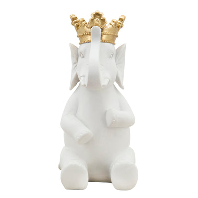 8" ELEPHANT W/ CROWN FIGURINE, WHITE/GOLD