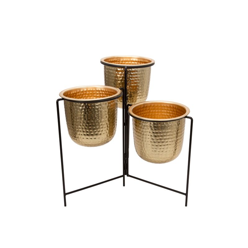 METAL 20" HAMMERED PLANTER TRIO W/ STAND, GOLD