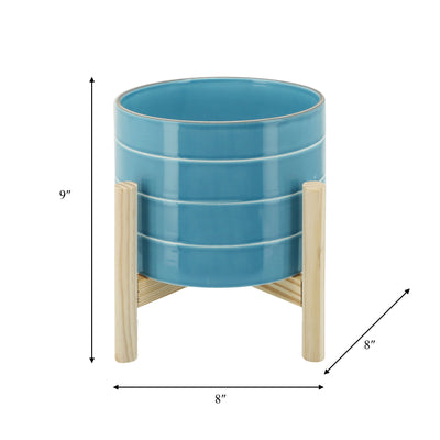 8" STRIPED PLANTER W/ WOOD STAND, SKYBLUE