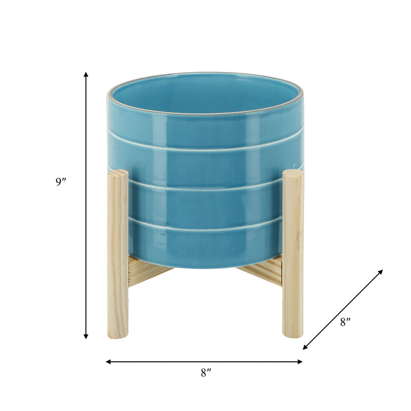 8" STRIPED PLANTER W/ WOOD STAND, SKYBLUE