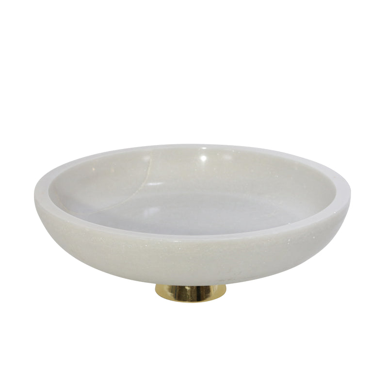 MARBLE 12" BOWL W/ METAL BASE, WHITE