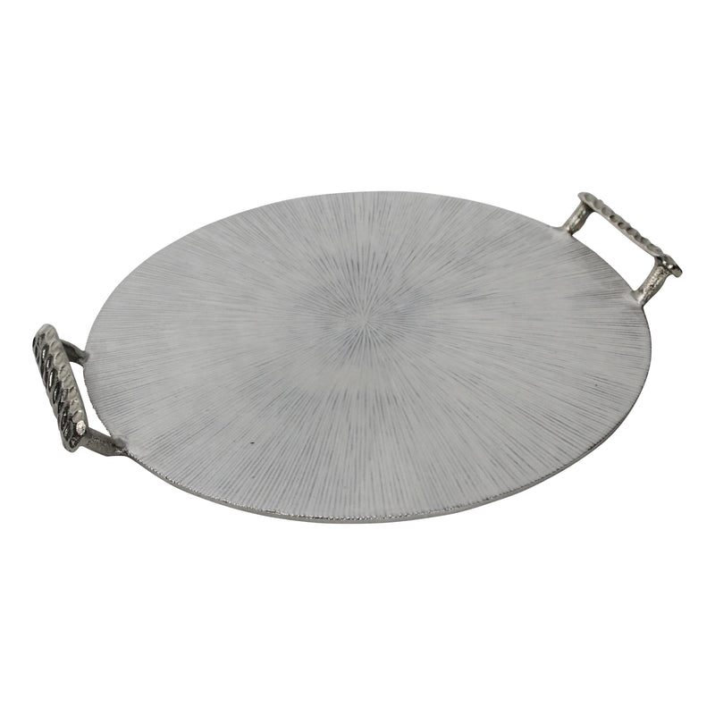 METAL 18" ROUND TRAY W/ HANDLES, SILVER