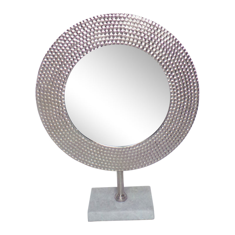 METAL 19" HAMMERED MIRROR ON STAND, SILVER