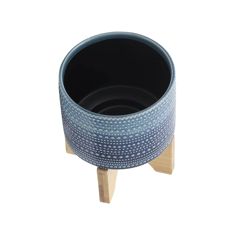 6" DOTTED PLANTER W/ WOOD STAND, BLUE