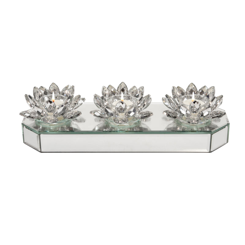 GLASS 13" 3 LOTUS MIRRORED CANDLE HOLDER, SILVER