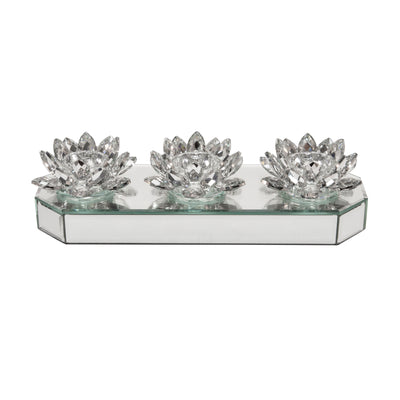 GLASS 13" 3 LOTUS MIRRORED CANDLE HOLDER, SILVER