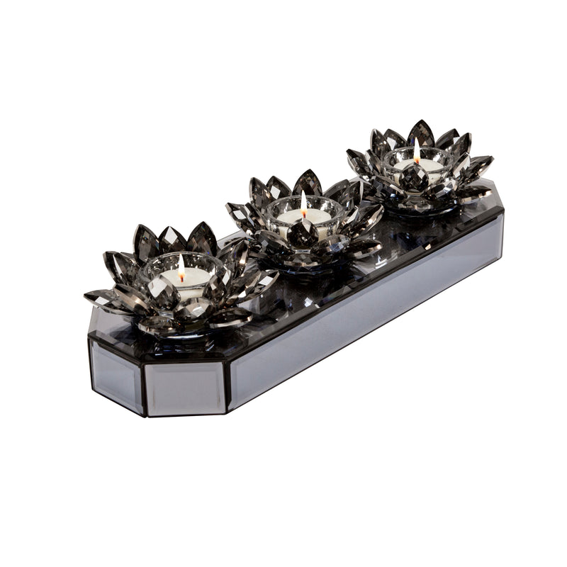 GLASS 13" 3 LOTUS MIRRORED CANDLE HOLDER, BLACK