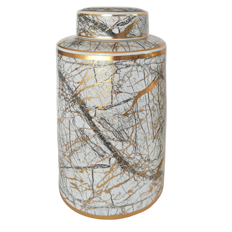 CERAMIC 16" JAR WITH GOLD LID, WHITE