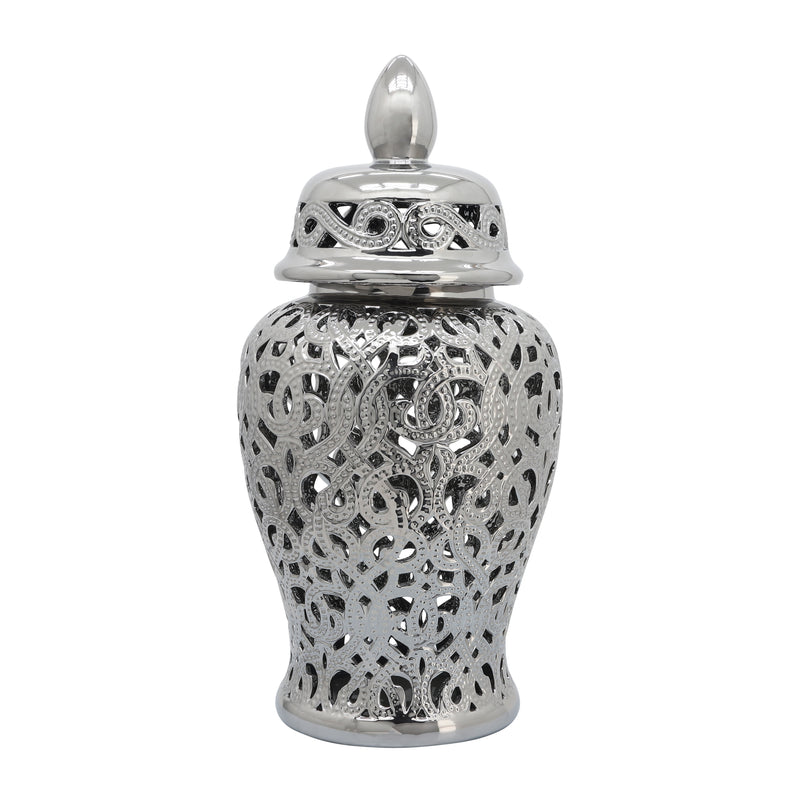 CERAMIC 24" CUT-OUT TEMPLE JAR, SHINY SILVER