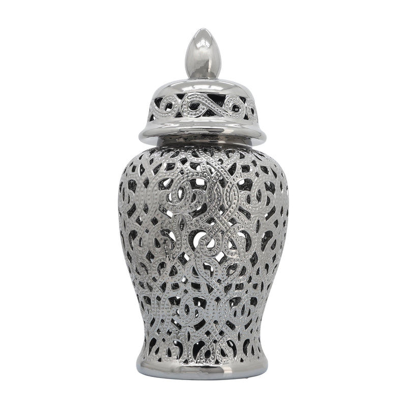 CERAMIC 24" CUT-OUT TEMPLE JAR, SHINY SILVER