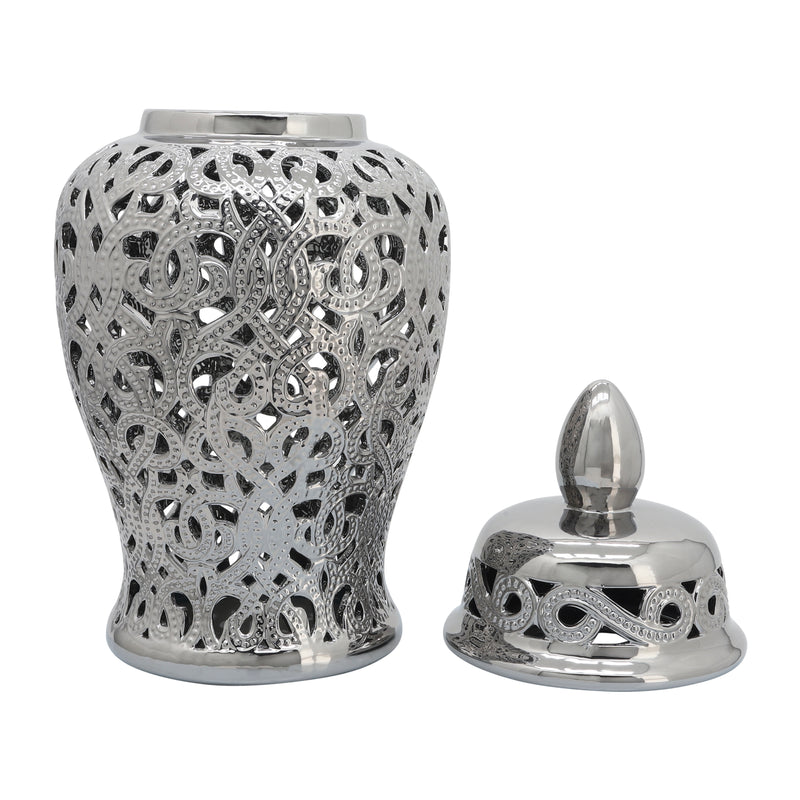 CERAMIC 24" CUT-OUT TEMPLE JAR, SHINY SILVER