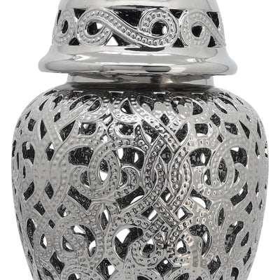 CERAMIC 24" CUT-OUT TEMPLE JAR, SHINY SILVER