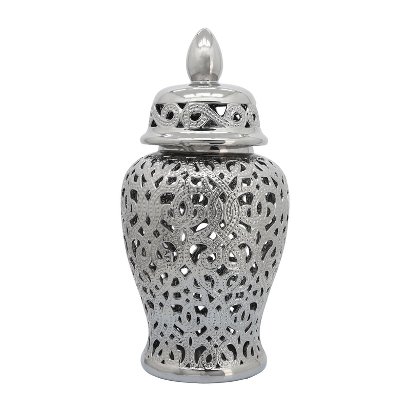 CERAMIC 24" CUT-OUT TEMPLE JAR, SHINY SILVER