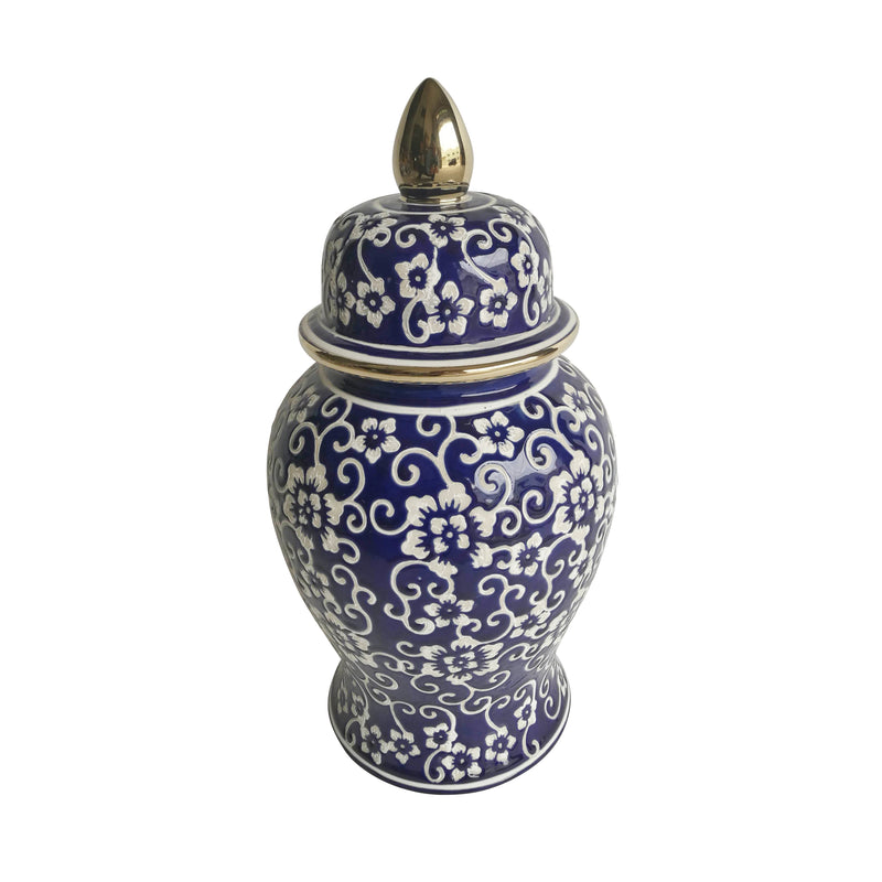 14" TEMPLE JAR W/ JASMINE FLOWER, BLUE & WHITE