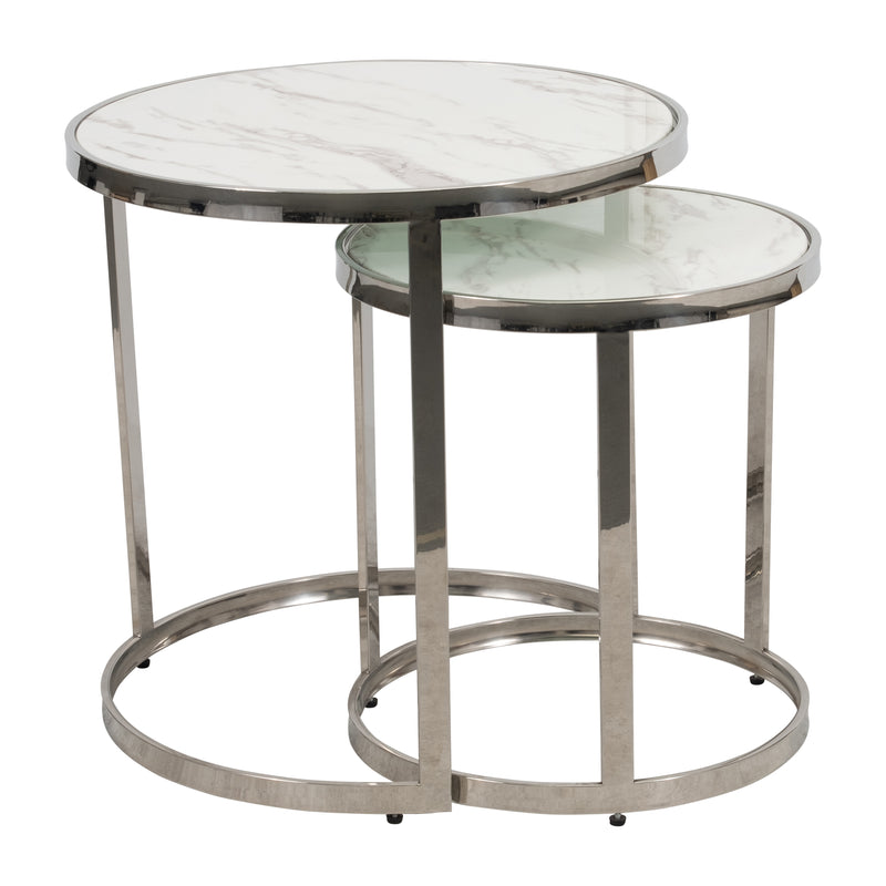 S/2 METAL/MARBLE GLASS ROUND SIDE TABLE, SILVER