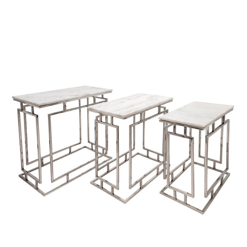 S/3 METAL/MARBLE SIDE TABLES, SILVER