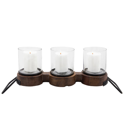 10"H WOODEN 3-CANDLE HOLDER, BROWN