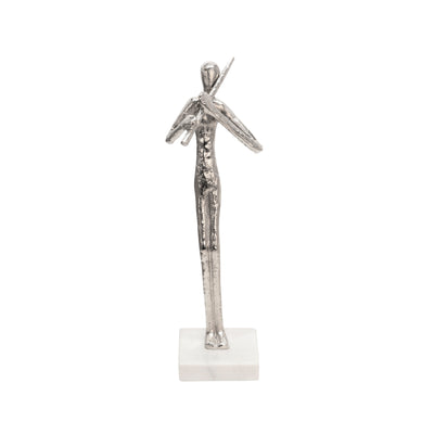 15" FLUTE MUSICIAN ON MARBLE BASE, SILVER