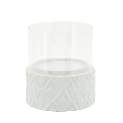 WHITE CERAMIC /GLASS 5" PILLAR HOLDER, DIAMOND