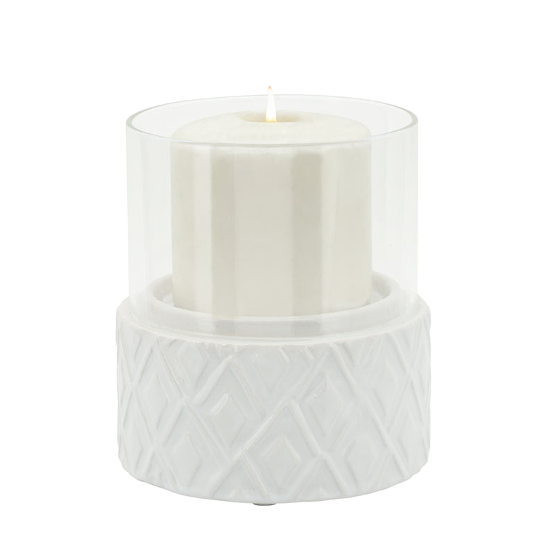 WHITE CERAMIC /GLASS 5" PILLAR HOLDER, DIAMOND