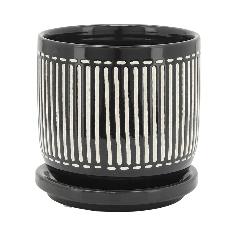 S/2 5/6" VERTICAL LINES PLANTER W/ SAUCER, BLACK