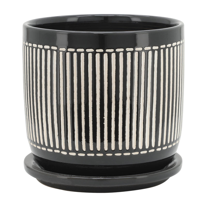 S/2 5/6" VERTICAL LINES PLANTER W/ SAUCER, BLACK