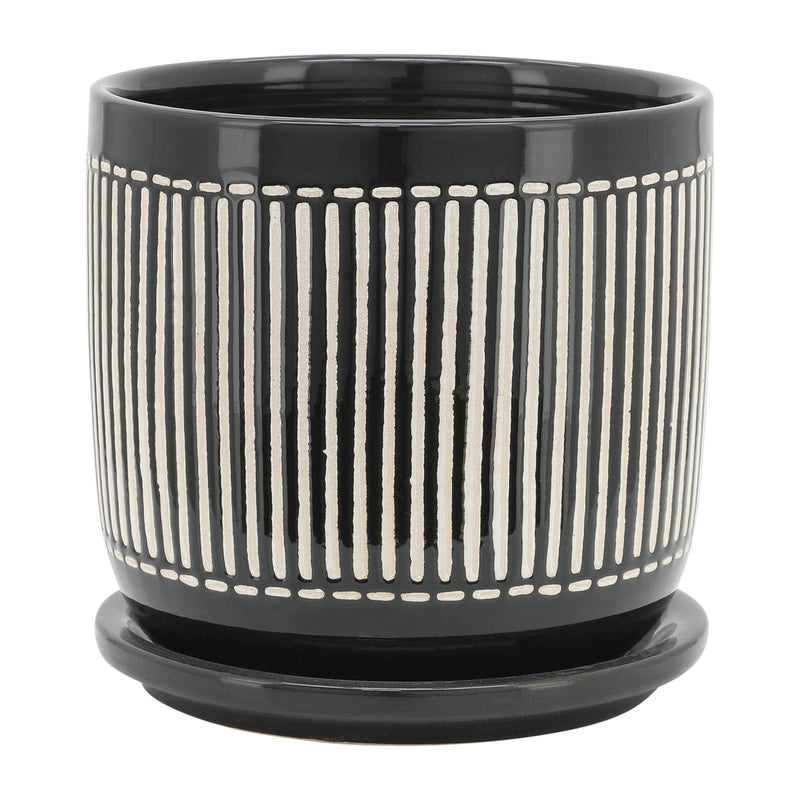 S/2 5/6" VERTICAL LINES PLANTER W/ SAUCER, BLACK