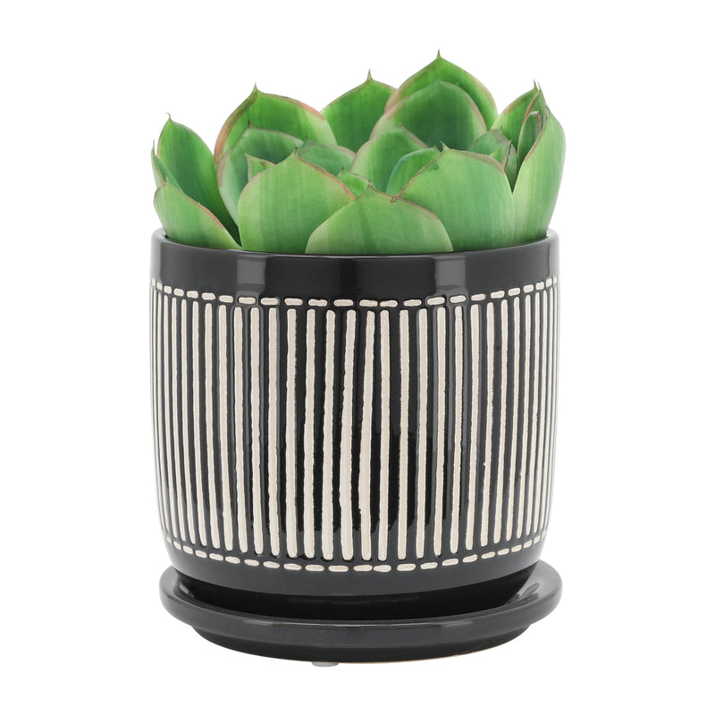 S/2 5/6" VERTICAL LINES PLANTER W/ SAUCER, BLACK