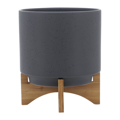 10" PLANTER W/ WOOD STAND, MATTE GRAY