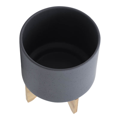 10" PLANTER W/ WOOD STAND, MATTE GRAY