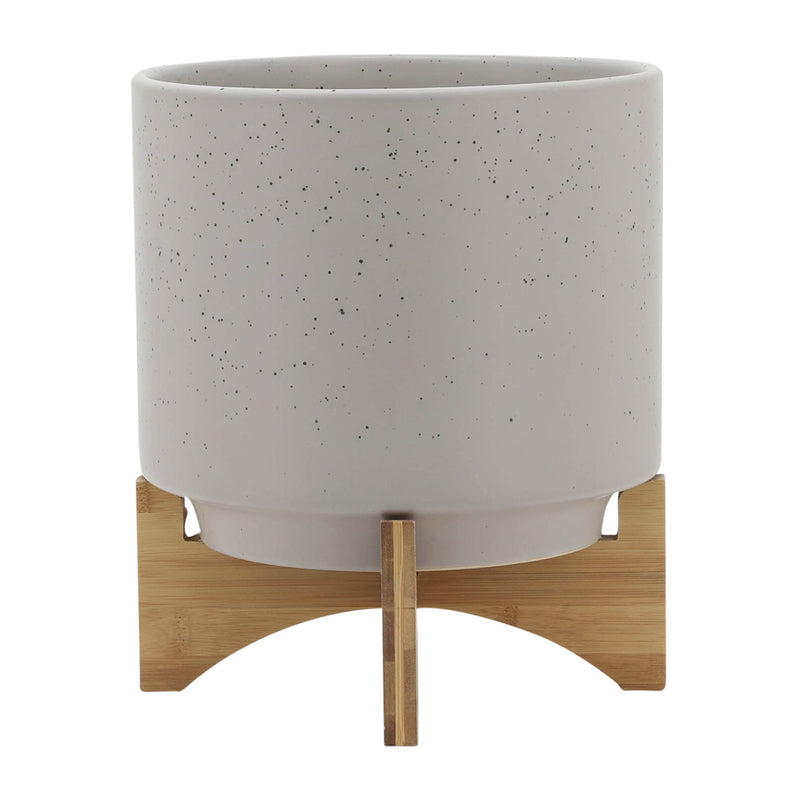 10" PLANTER W/ WOOD STAND, MATTE BEIGE