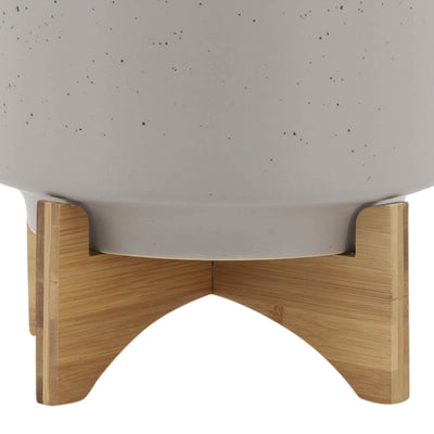 10" PLANTER W/ WOOD STAND, MATTE BEIGE