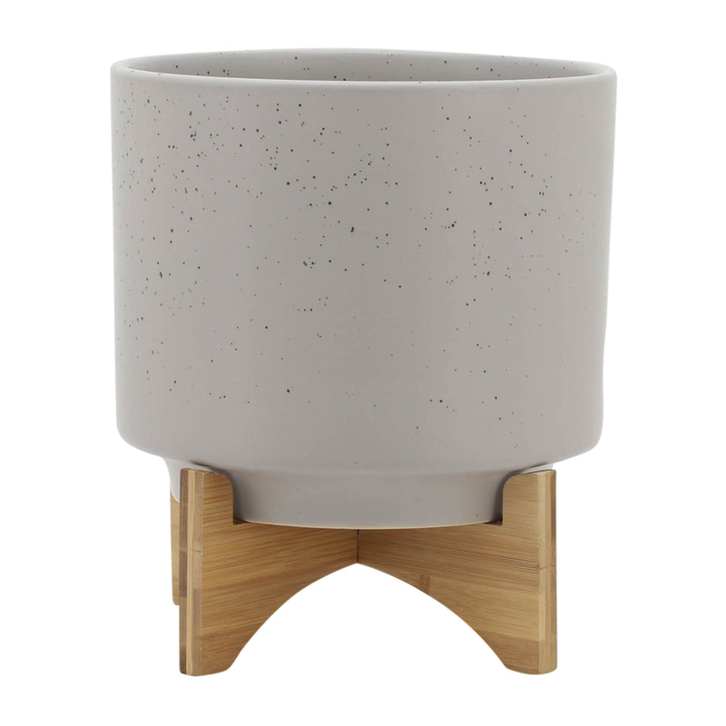 10" PLANTER W/ WOOD STAND, MATTE BEIGE