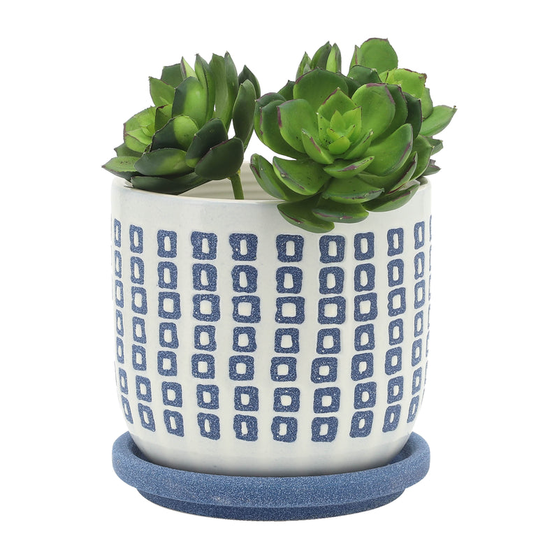 5" TINY SQUARES PLANTER W/ SAUCER, BLUE