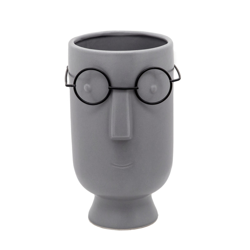 9"H FACE W/GLASSES PLANTER, GRAY